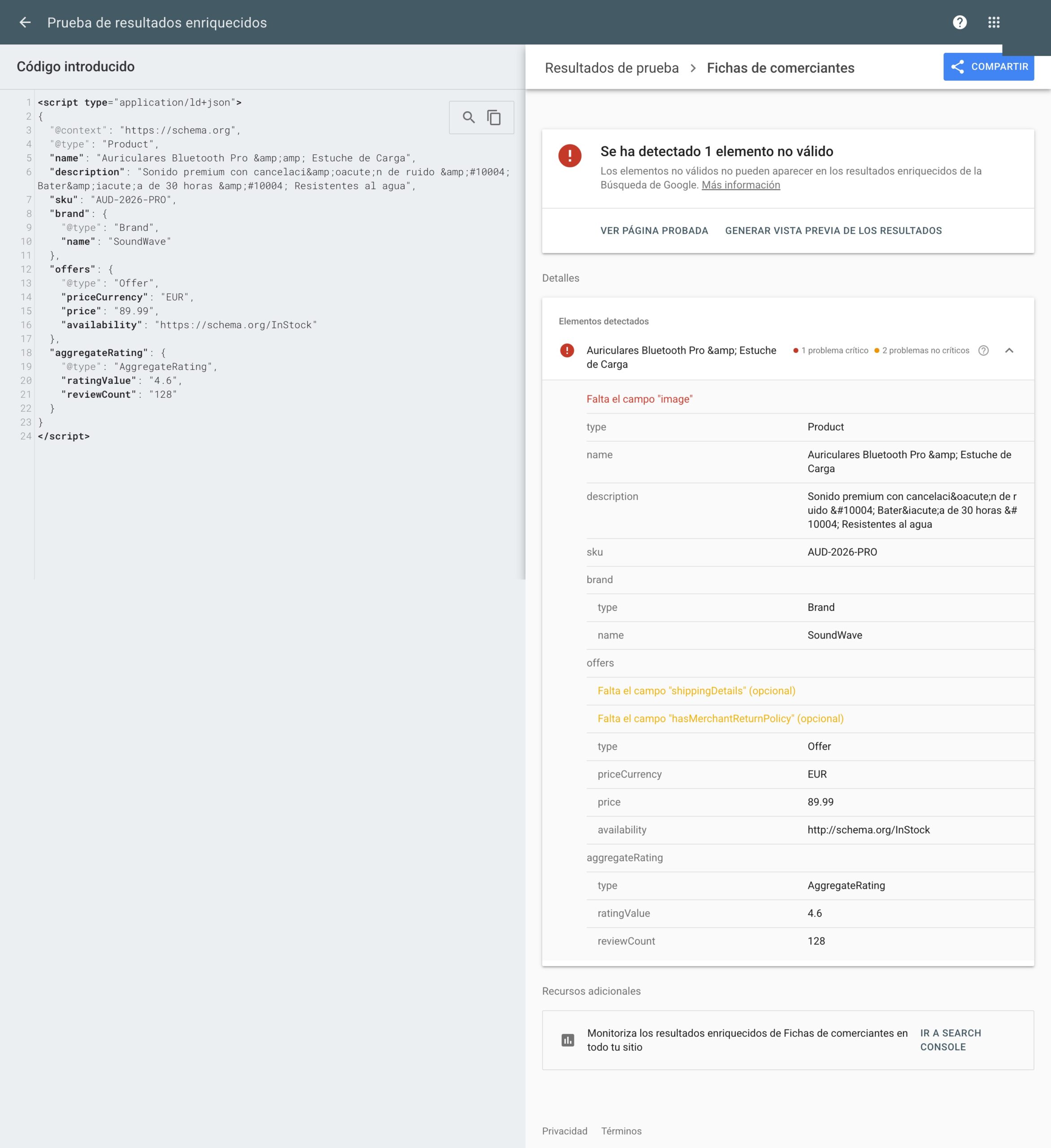 Resultado del Rich Results Test de Google mostrando entidades HTML doble-escapadas sin resolver del todo en los campos name y description de un schema Product